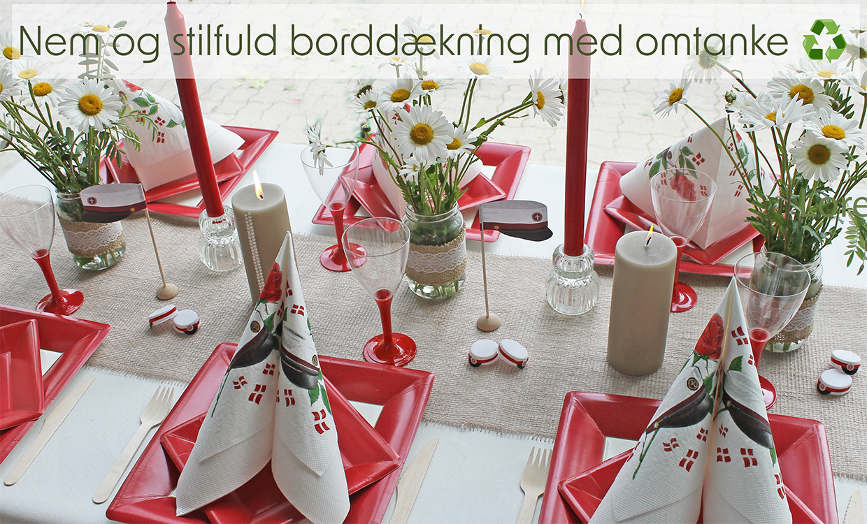 borddækning til studenterfest rød student med miljøvenlige produkter