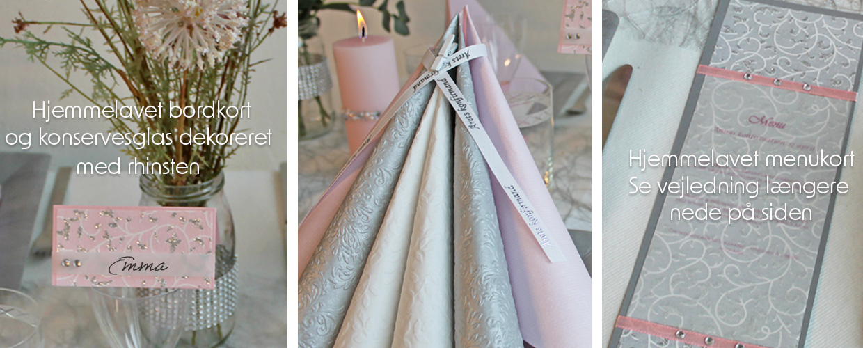 bordkort og menukort til konfirmation i lyser&oslash;d og s&oslash;lv