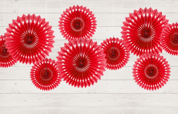 R�de rosetter af papir, 3 stk. 20-30 cm. 