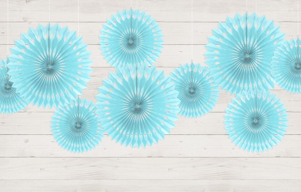 Lysebl� rosetter af papir, 3 stk. 20-30 cm. 