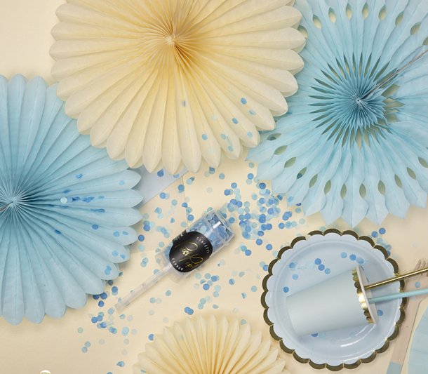 Lysebl� rosetter af papir, 3 stk. 20-30 cm. 