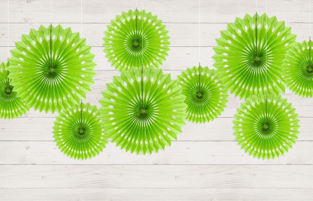Limegr�nne rosetter af papir, 3 stk. 20-30 cm. 