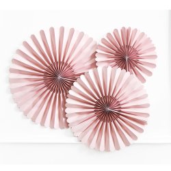 Gammelrosa rosetter af papir, 3 stk. 26-43 cm.