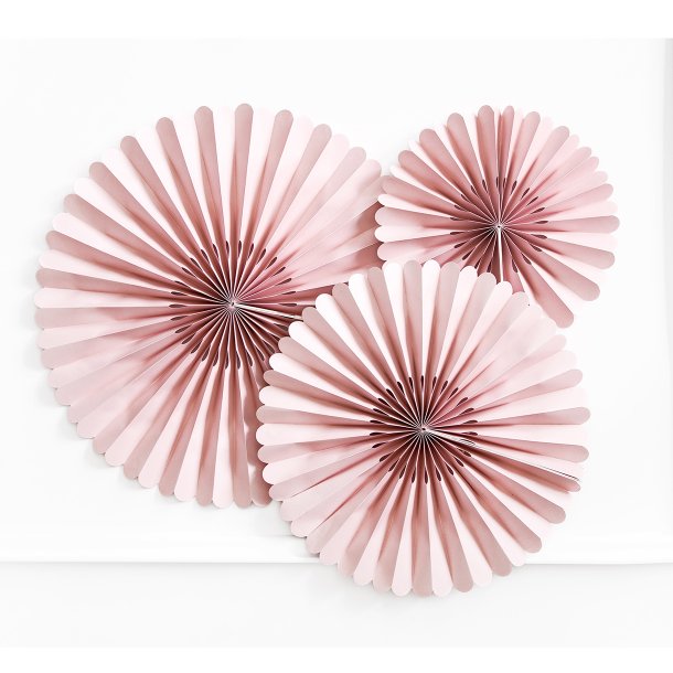 Gammelrosa rosetter af papir, 3 stk. 26-43 cm.