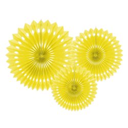 Gule rosetter af papir, 3 stk. 20-30 cm. 