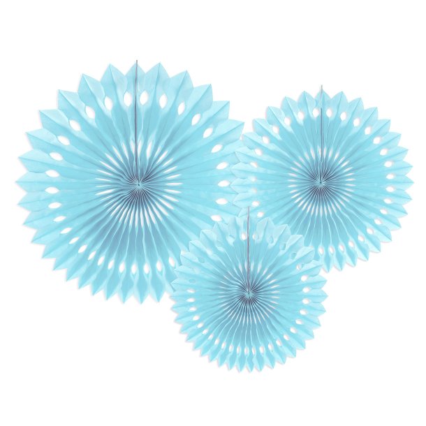 Lysebl� rosetter af papir, 3 stk. 20-30 cm. 