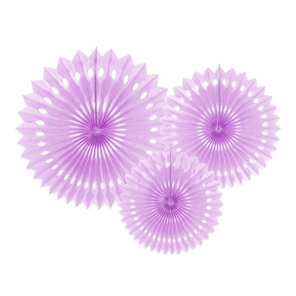 Lyslilla rosetter af papir, 3 stk. 20-30 cm. 