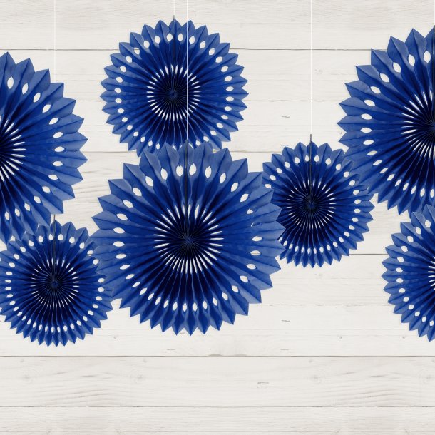 M�rkebl� rosetter af papir, 3 stk. 20-30 cm. 