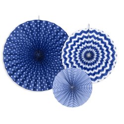 M�rkebl� rosetter med hvidt m�nster, 3 stk. 23-40 cm. 