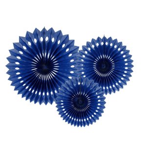 M�rkebl� rosetter af papir, 3 stk. 20-30 cm. 
