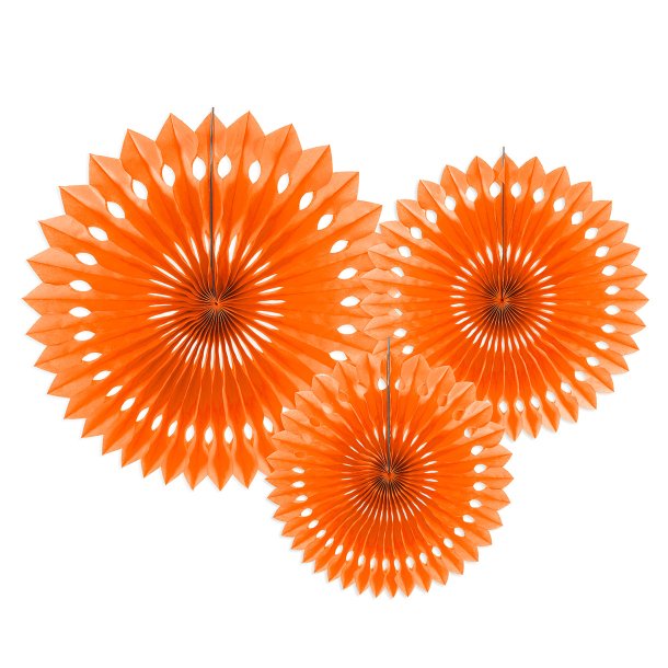 Orange rosetter af papir, 3 stk. 20-30 cm. 