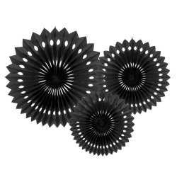 Sorte rosetter af papir, 3 stk. 20-30 cm. 