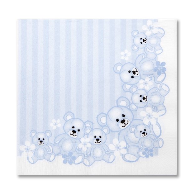 Servietter til barned�b, lysebl� bamser, 100%, komposterbare, 20 stk.