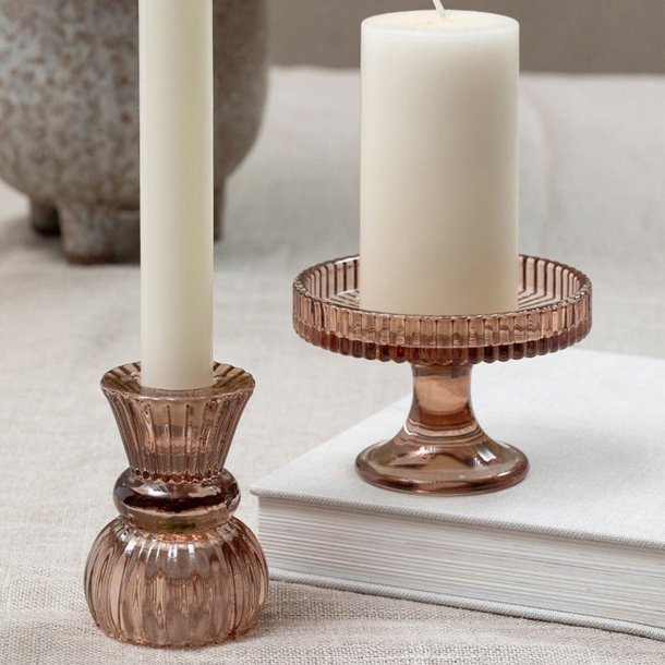 Vendbar lysestage, stagelys/fyrfad, brunt glas