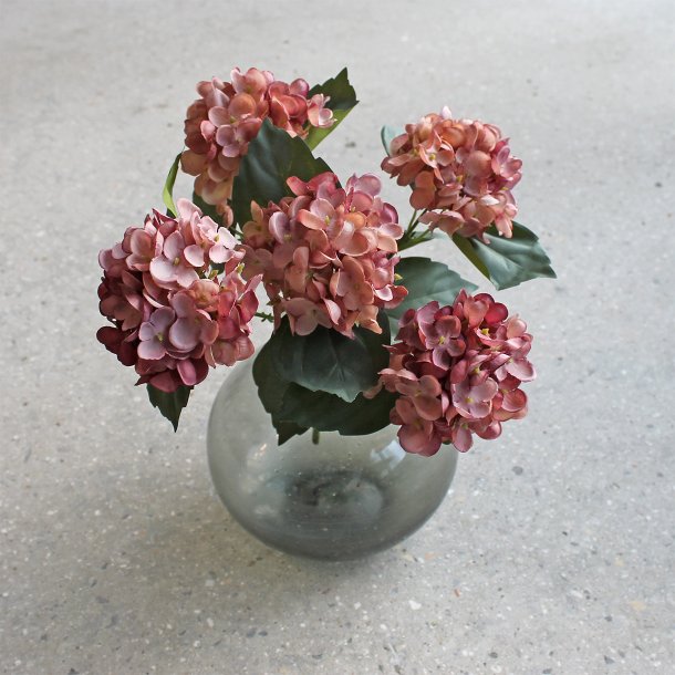Hortensia silkeblomst, stilk med 5 hoveder, gammelrosa, 38 cm.