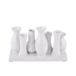 Vaser i flok p� fad hvid, 7 x 18 cm.