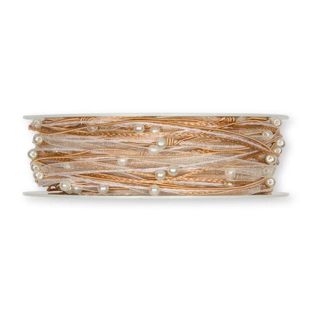 Kobbber/powder/hvidt organzawireb�nd med perler, 15 meter