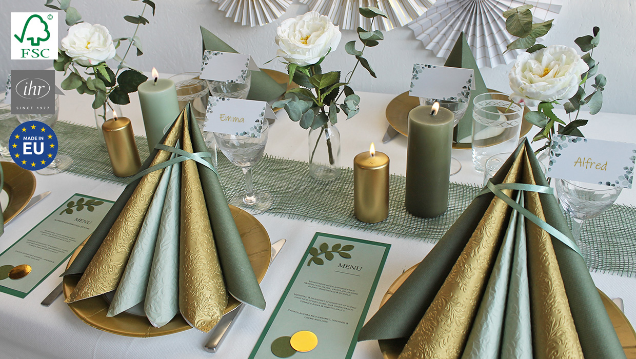bordd&aelig;kning inspiration i guld og gr&oslash;nt tema
