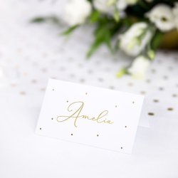 Bordkort til konfirmation og fest, hvidt med guld prikker, 10 stk.