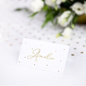 Bordkort til konfirmation og fest, hvidt med guld prikker, 10 stk.