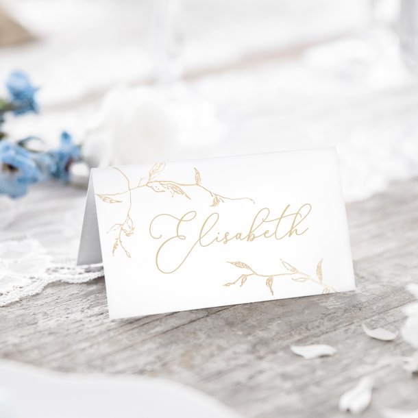Bordkort til konfirmation og fest, hvidt med guldgrene, 10 stk.
