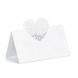 Bordkort til konfirmation og fest, hvidt med filigranhjerte, 10 stk.