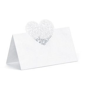 Bordkort til konfirmation og fest, hvidt med filigranhjerte, 10 stk.