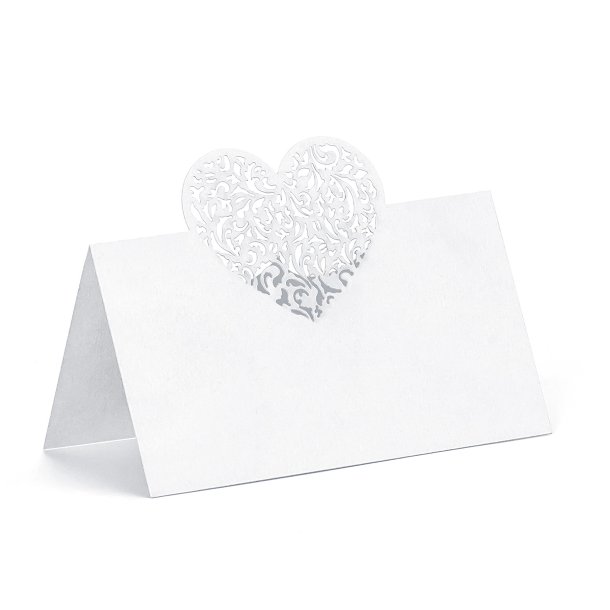 Bordkort til konfirmation og fest, hvidt med filigranhjerte, 10 stk.