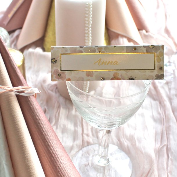 Bordkort i rosa farver med blomster og guld, 10 stk.