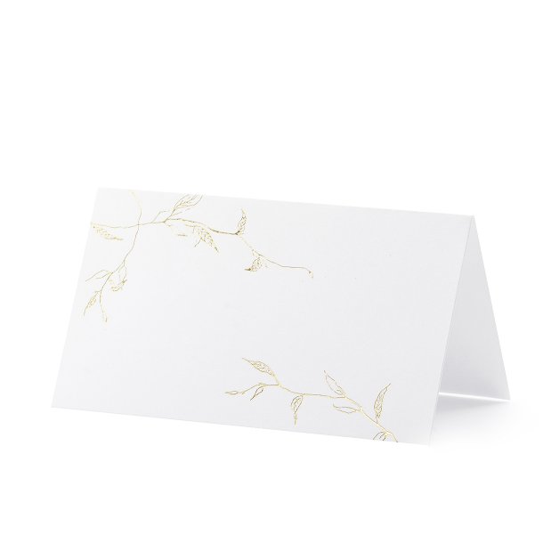 Bordkort til konfirmation og fest, hvidt med guldgrene, 10 stk.