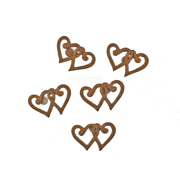 Bordpynt kobberbryllup, Kobberhjerter med glimmer inkl. kl�bepude, 12 stk.