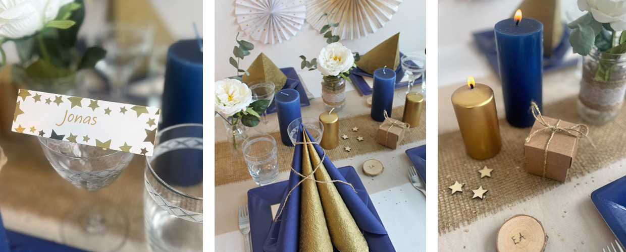 inspiration til bordd&aelig;kning i bl&aring; og guld